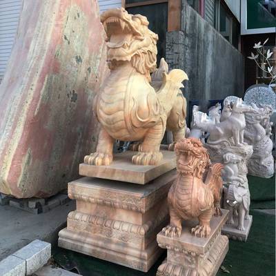 佳博雕刻供應精品石雕貔貅 鎮宅石雕擺件 晚霞紅大理石貔貅